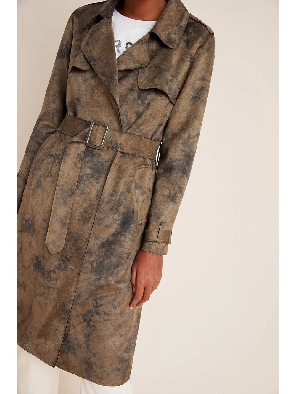 Anthropologie Roxie Tie Dye Camo Trench Coat Brown Black Tie Waist Sz XS